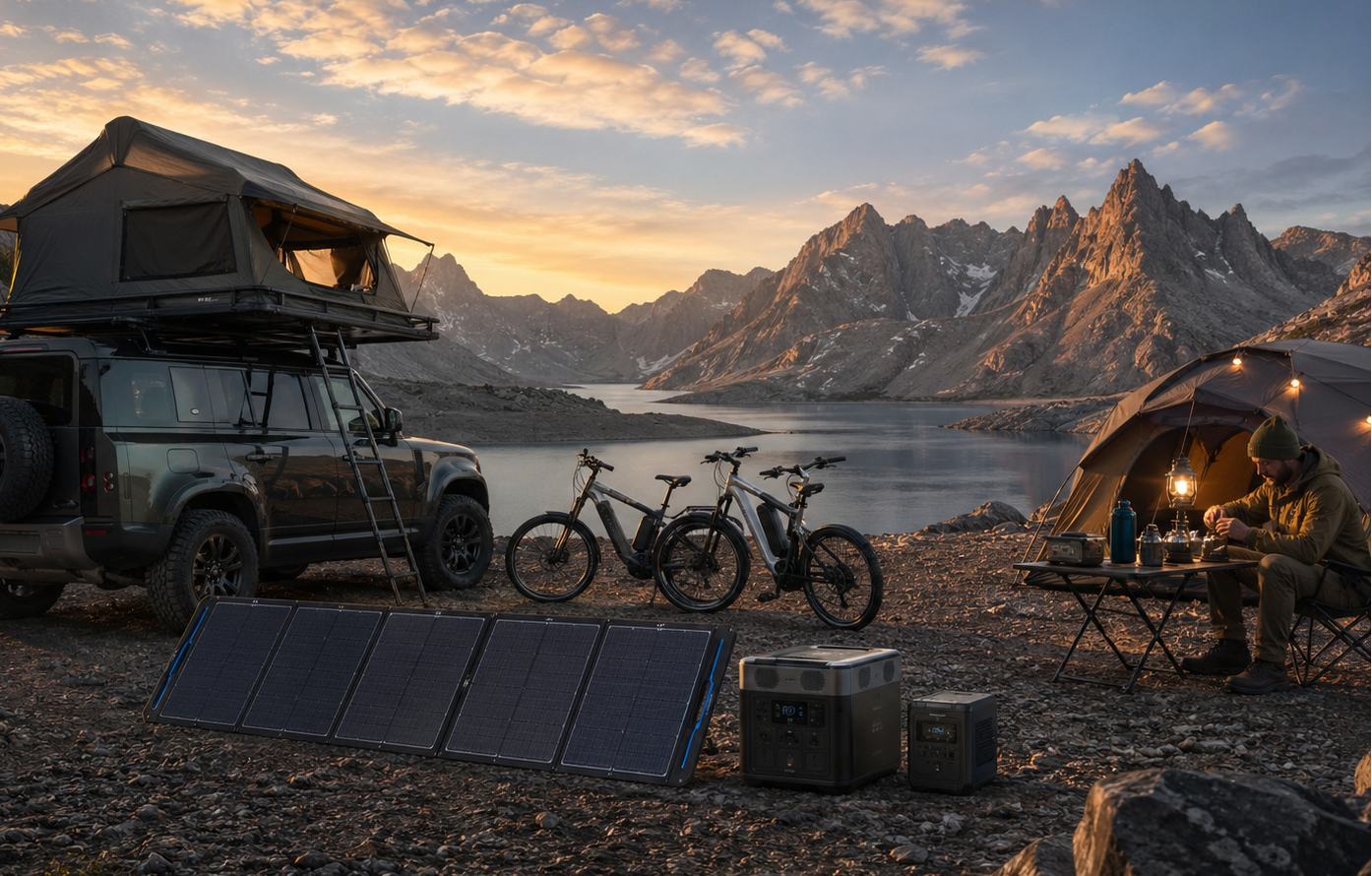 Camping scene with a vehicle, solar panel, and mountains in the background