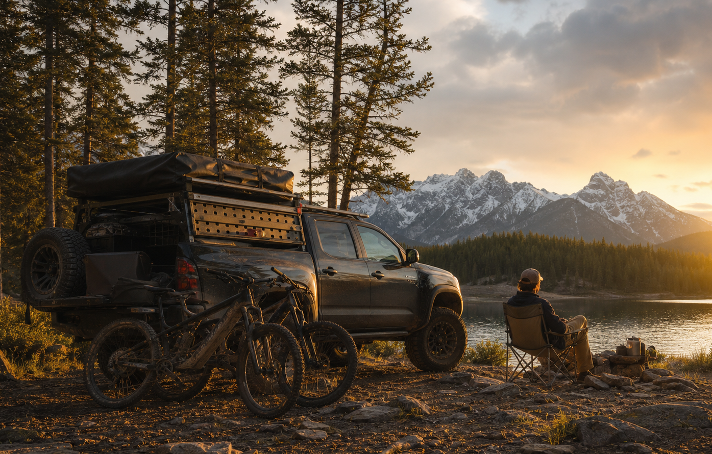 Person sitting in a chair by a lake with mountains in the background, next to a truck and bike.