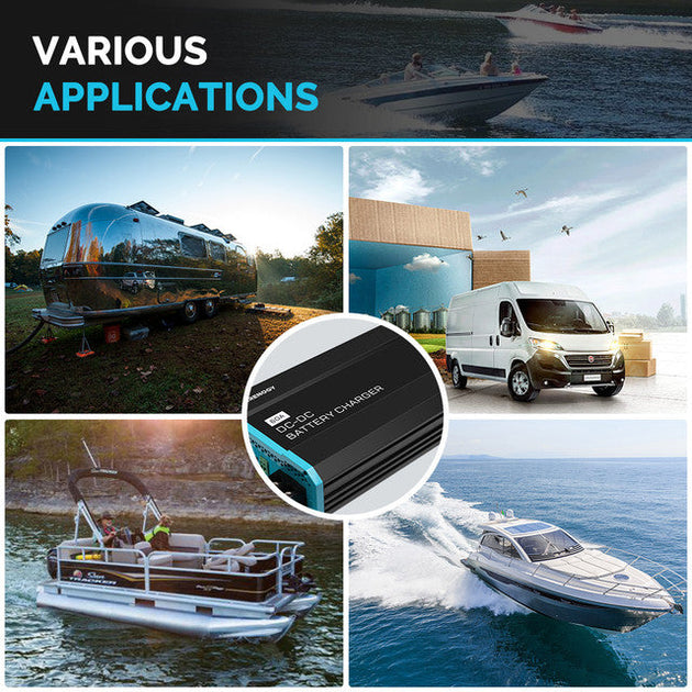 Collage of various applications including boats, vans, and RVs with a focus on a battery charger.