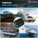 Collage of various applications including boats, vans, and RVs with a focus on a battery charger.