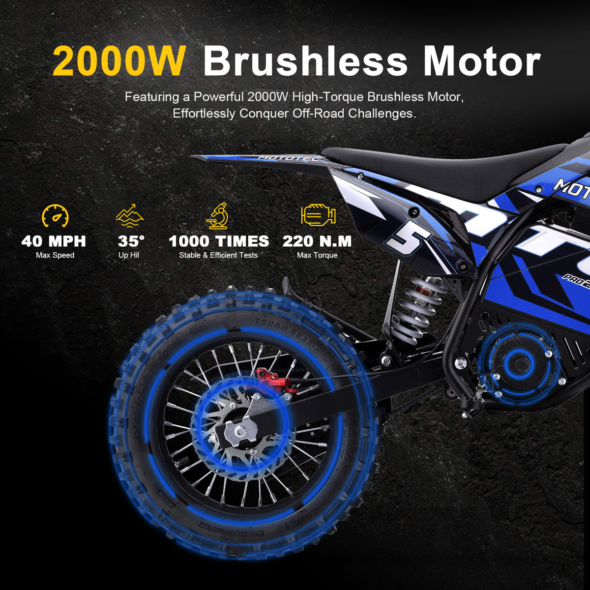 MotoTec 60v 2000w Pro Electric Dirt Bike Lithium (HP115E) - Recreational Off-Road Use Only