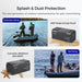 Product advertisement for outdoor-rated protection with images of people fishing and a battery.