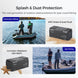 Product advertisement for outdoor-rated protection with images of people fishing and a battery.
