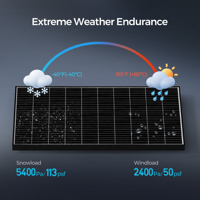Diagram of extreme weather endurance with temperature ranges and load capacities on a dark background
