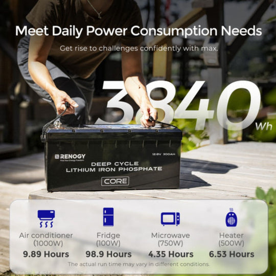 Renogy lithium iron phosphate battery with power consumption chart on a blurred outdoor background