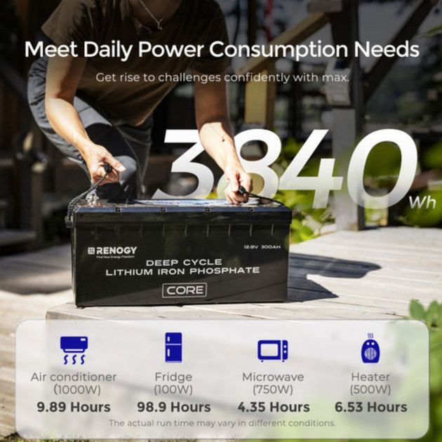 Renogy lithium iron phosphate battery with power consumption chart on a blurred outdoor background