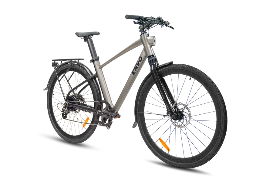 Gray electric bike with black details on a white background