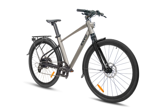 Gray electric bike with black details on a white background