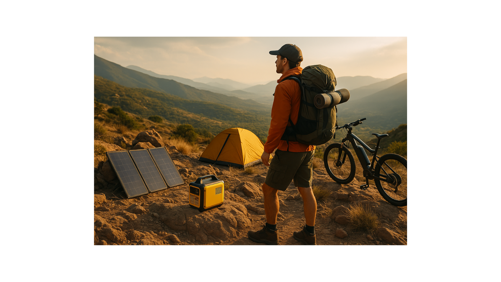 Man with backpack and bike standing on a mountain with camping gear and solar panel.