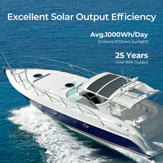 Boat with solar panel on the roof in the ocean, highlighting solar output efficiency.