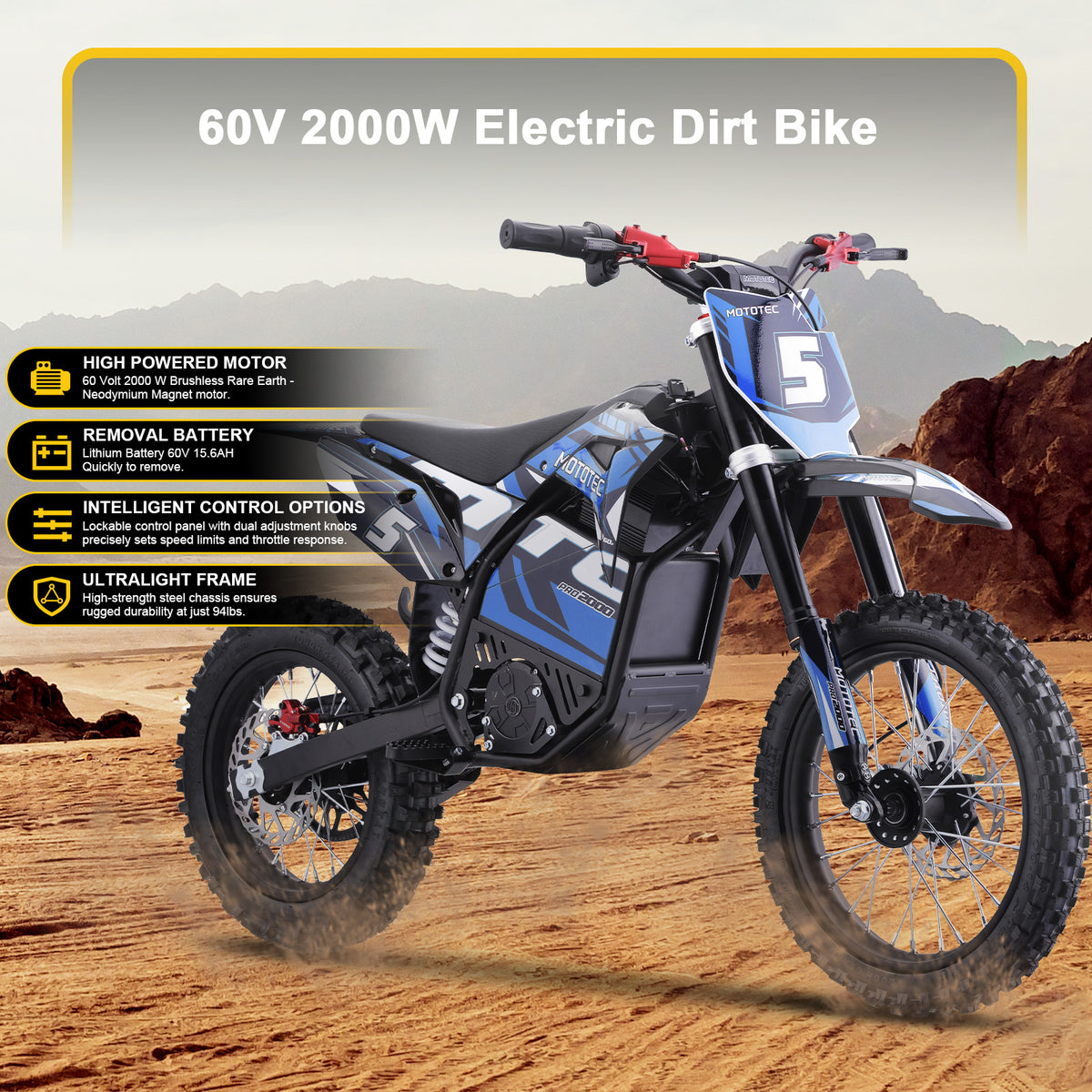 MotoTec 60v 2000w Pro Electric Dirt Bike Lithium (HP115E) - Recreational Off-Road Use Only